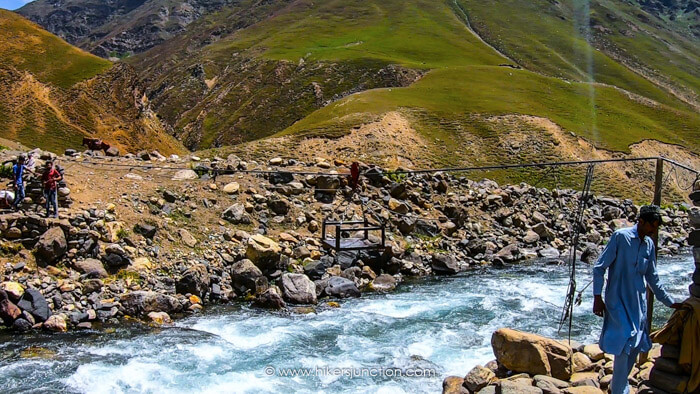 Crossing the Kunhar River to reach the trail head Crossing the Kunhar River to reach Dudipatsar trail head